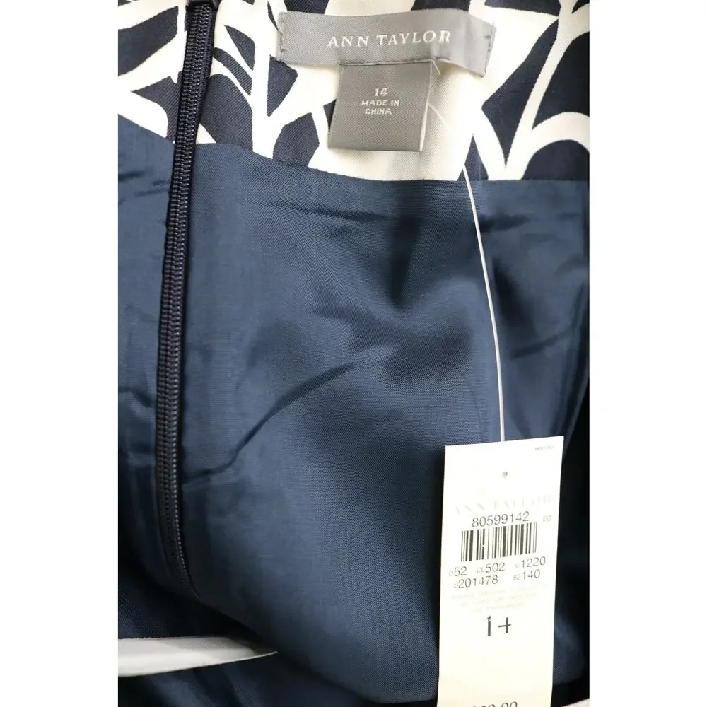 ANN TAYLOR ALine Midi Skirt Womens Size 14 Black White Tropical‎ Palm Trees Silk